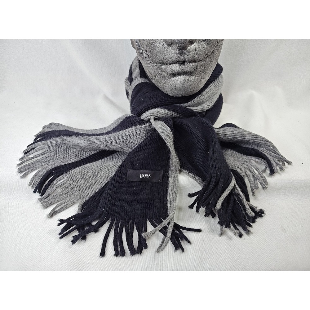 Hugo Boss Scarf Mens Grey Black‎ Striped Ribbed Knit Wool Blend Made in Italy